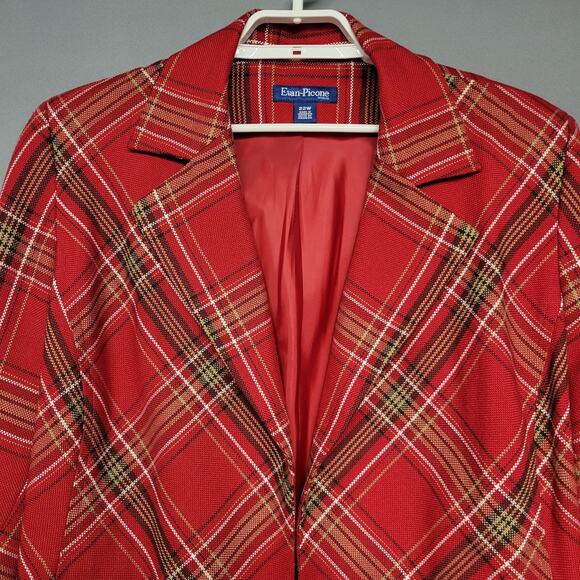 Evan- Picone Woman Plaid Light Tweed Jacket Womens 22W Red Open Front 3/4 Sleeve - Picture 3 of 14